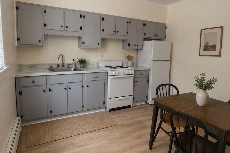 Full kitchen in a furnished two-bedroom apartment with a range, refrigerator, ample cabinets, and a dining table